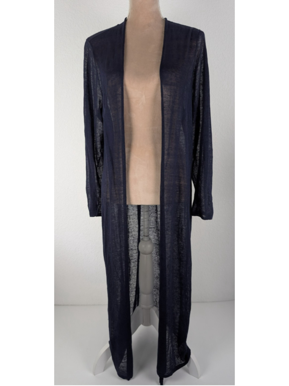 Eileen Fisher Hemp Long Cardigan Duster Sheer Navy Sz L Classic Beachy Nautical